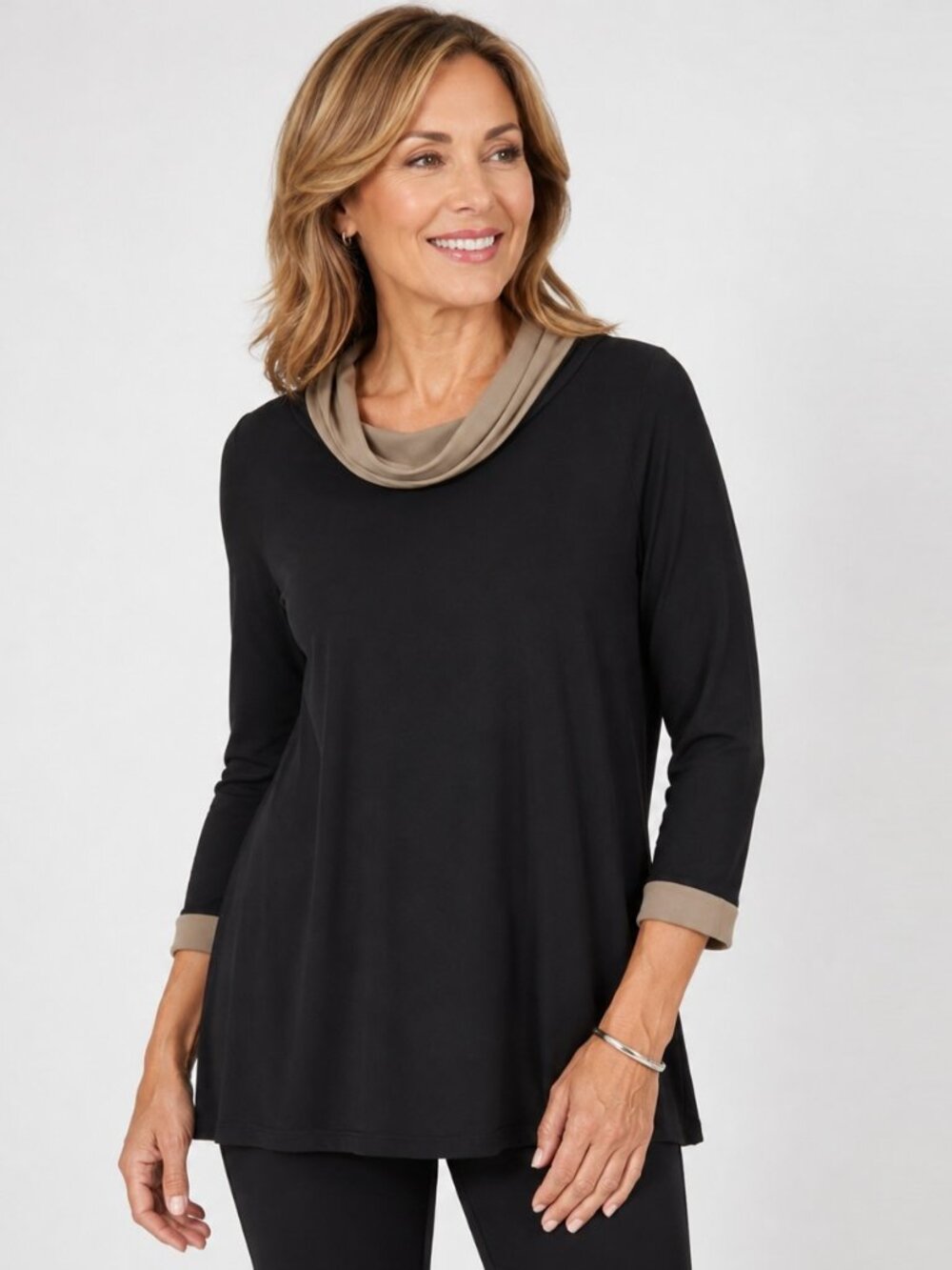 Joseph Ribkoff Black Taupe Cowl Neck Tunic Top 3/4 Sleeve Stretch Womens 8 M